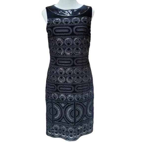 Tory Burch Beaded Velvet Circle Mesh Sheath Dress Black Patent Trim Cocktail Sz6 - Picture 3 of 14